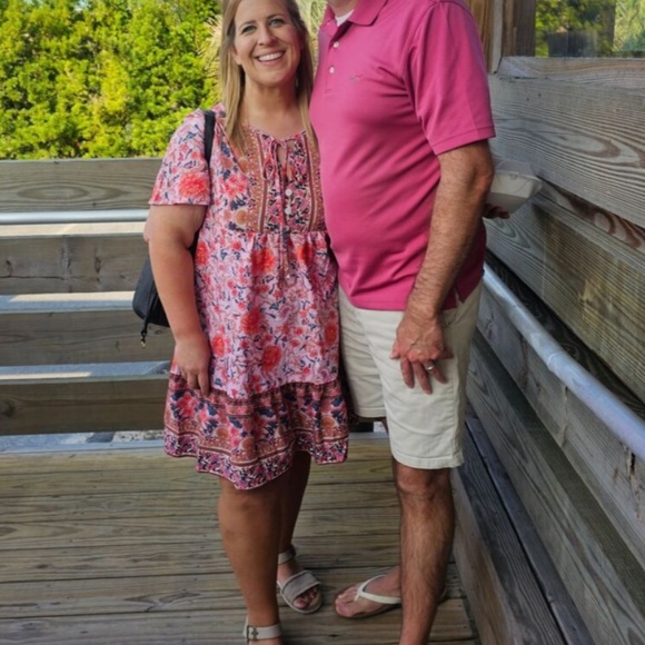 Floral Print Pink Red Flowy Loose Fitting Short Sleeve Mini Dress Neck Ties - Picture 10 of 16